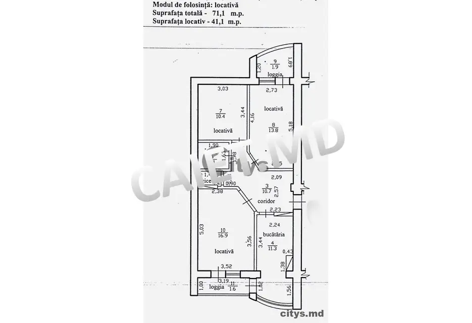3-х комнатная квартира, Telecentru 71м², str. Constantin Vârnav